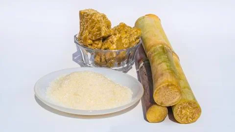 Pieces of sugarcane with white sugar Stock Photos