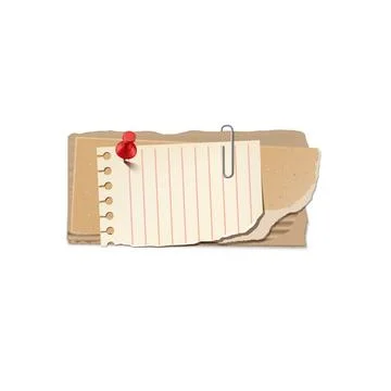 Pieces of torn cardboard, notepad sheet attached with red pin and clip, vector イラスト素材