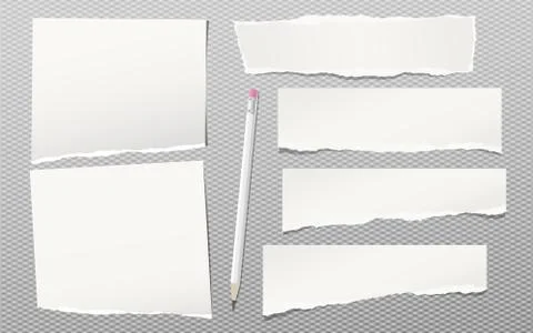 Pieces of torn white blank note, notebook paper strips for text stuck on gray Stock Illustration