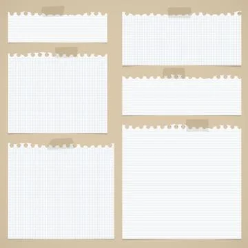Pieces of torn white lined and squared notebook paper with sticky tape on brown Stock Illustration