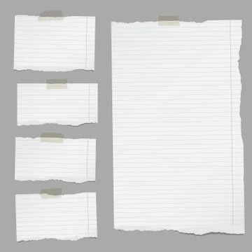 Pieces of torn white lined notebook paper sticked on gray background Stock Illustration