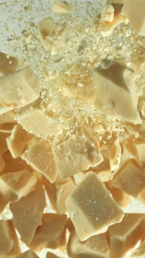 Pieces of white chocolate fly up and fall down. Filmed on a high-speed camera at Stock Footage 335361971