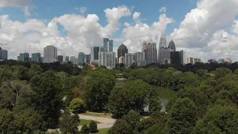 Piedmont Park - Atlanta Skyline. High Quality 4K Aerial Stock Footage