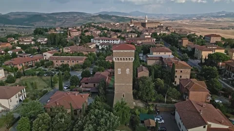 Pienza, Italy RISER SHOT of tower drone view 4K Stock Footage 252144240