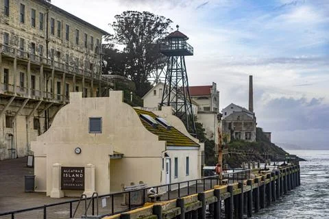 The pier and harbor of the maximum security federal prison of Alcatraz. Stock Photos