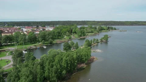Pier and Small Boat Harbor at Skracklan Park, Vanern, Vanersborg, Sweden, Aerial 動画素材 344940965