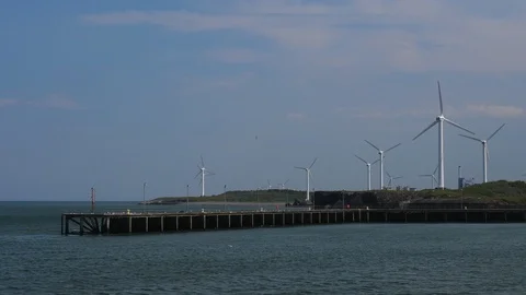 Pier and wind turbines Vídeos de archivo 90879088