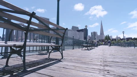 Pier Boardwalk Low Angle Bench Foreground Transamerica Pyramid Skyline Video stock 344905348