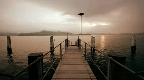 Pier bridge lake view sunset carefree Video stock 24737923
