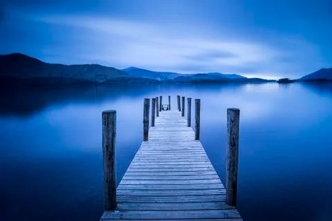 Pier at Derwent Water (Derwentwater) at sunset, Lake District National Park, Stock Photos