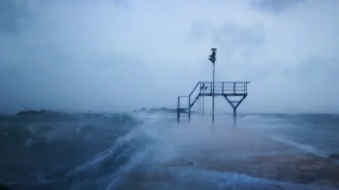 Pier Dock Violent Waves Hurricane Force Rain - Blurry Stock Footage 97610136