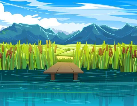Pier for fishing on coast of river or lake. Wild pond. Summer landscape. Vege Stock Illustration
