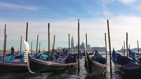 Pier with gondolas in Venice. Video stock 143253475