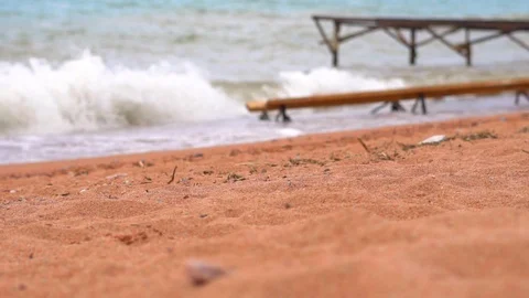 Pier on the sandy beach by the sea 스톡 동영상 94854765