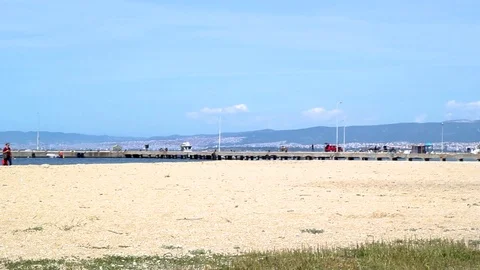Pier on a sandy beach in summer in the area of Thessaloniki, Greece Stock-Footage 114508894