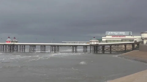 Pier seaside Blackpool England  stormy panning Stock Footage 74200722