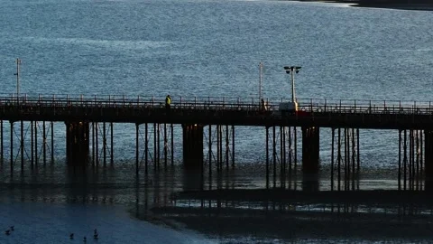 A pier is shown with a bridge over a body of water Stock Footage 298254483