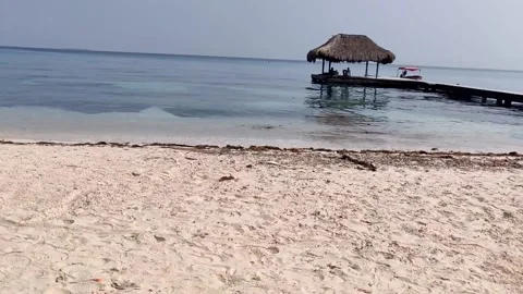 A pier with a straw hut at the end on the ocean of a paradisiac island Vídeo Stock 149682585