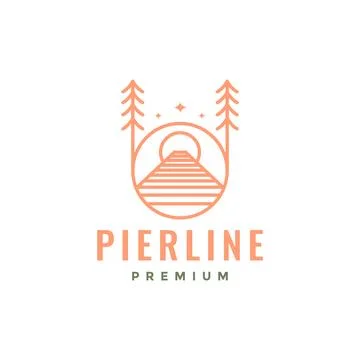 Pier water forest tree circle line style minimal hipster logo design vector.. Stock Illustration