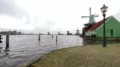 Pier of Zaanse Schans with typical dutch windmills. Video stock 168225517