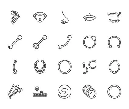 Piercing flat line icons set. Body jewelry, nose hoop, ear ring, tongue labret Stock Illustration