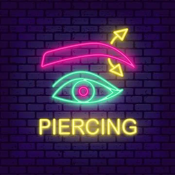 Piercing studio neon light sign. Pierced eyebrow Illustrazione stock