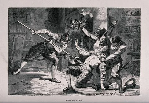 Pierre de La Rame (Peter Ramus) is held down and stabbed by soldiers with a.. Stock Illustration