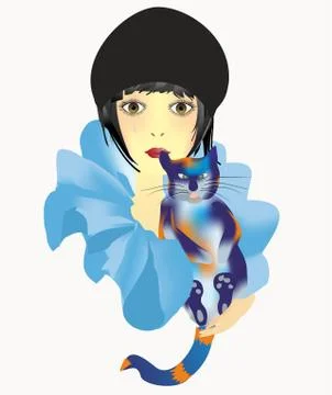 Pierrot and cat, Stock Illustration