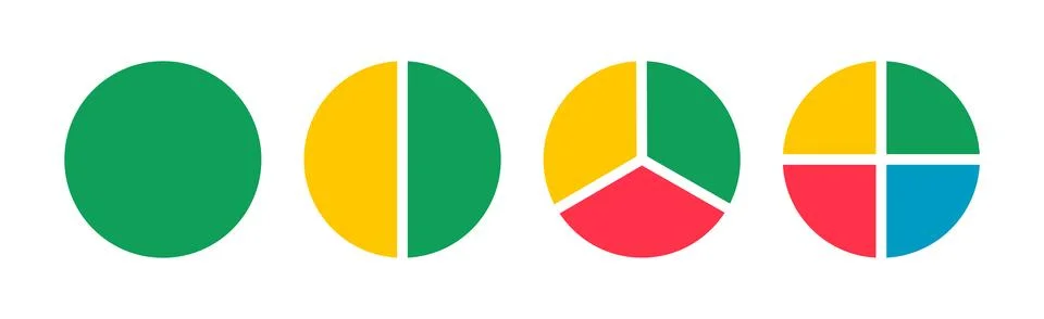 Pies segmented on from 1 to 4 equal parts. Wheels divided in sections. Donut Stock Illustration