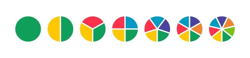 Pies segmented on from 1 to 7 equal parts. Donut charts. Multicoloured diagrams Stock Illustration