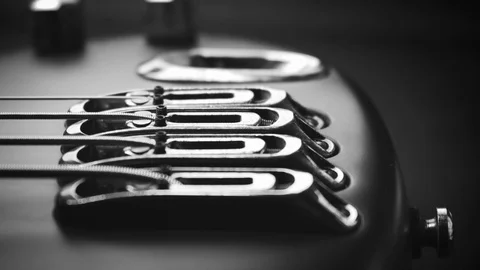 Piezo bridge, output and knobs of fretless electric bass guitar, black and white Stockbeeldmateriaal 114062155