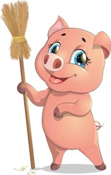 Pig and broom Stock Illustration