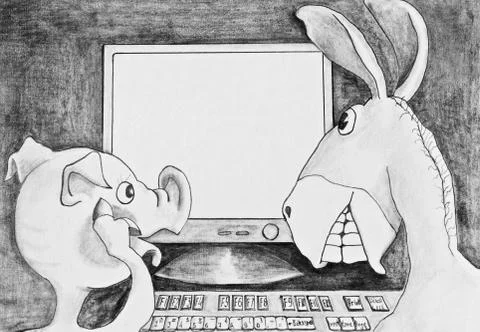 The pig and the donkey at the computer. Caricature. Pencil drawing on paper Stock Illustration