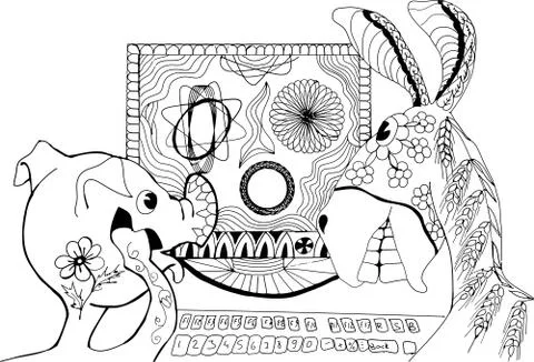 Pig and donkey for a computer. Hand drawn patterns for coloring. Stock Illustration