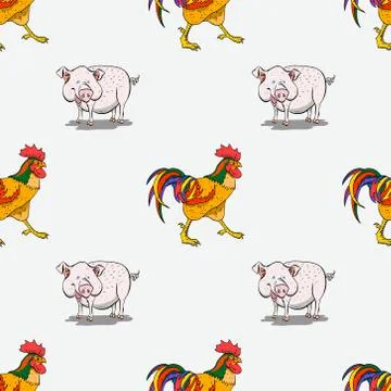 Pig and rooster seamless pattern Stock Illustration