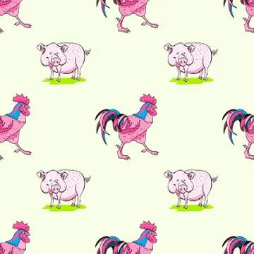 Pig and rooster seamless pattern 스톡 일러스트