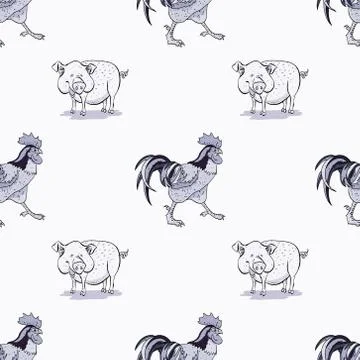 Pig and rooster seamless pattern Illustrazione stock