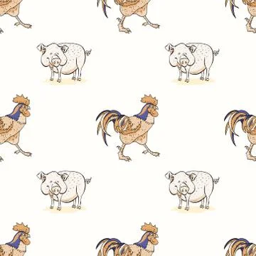 Pig and rooster seamless pattern Stock Illustration