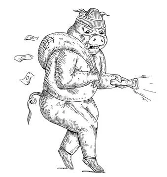 Pig burglar sneaks in with a bag on his shoulder and a flashlight in his hand Stock Illustration