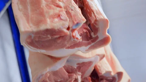 Pig carcasses close up on hooks against the background of a meat processing Stock-Footage 129579866