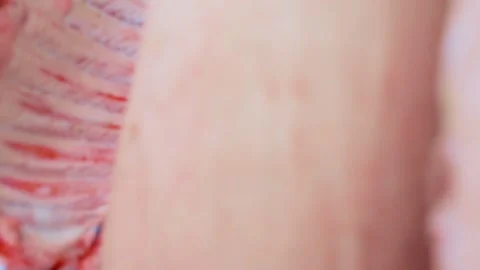 Pig carcasses close up on hooks against the background of a meat processing Stock-Footage 130709531