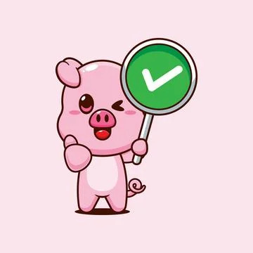 Pig cartoon vector illustration with correct sign Stock Illustration