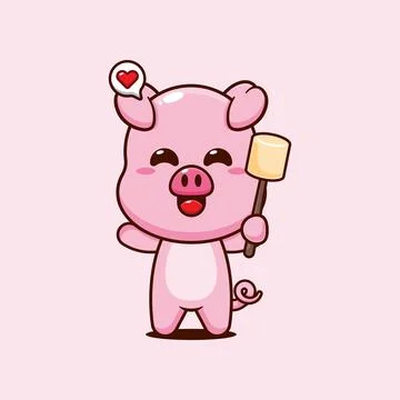 Pig cartoon vector illustration eating marshmallow Stock Illustration