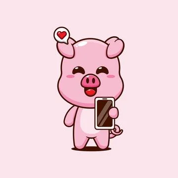 Pig cartoon vector illustration with mobile phone Stock Illustration