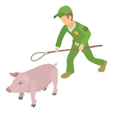 Pig catching icon isometric vector. Man with noose for trapping domestic animal Stock Illustration
