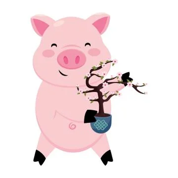 Pig with cherry blosssoms tree イラスト素材