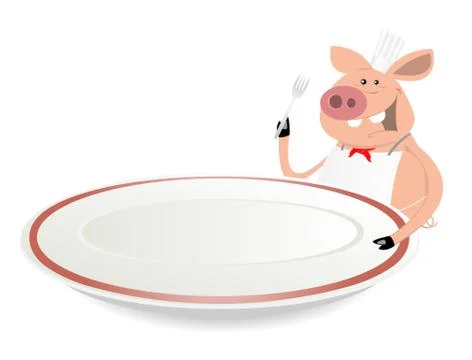 Pig cook showing menu on dishware Illustrazione stock