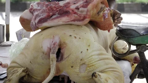 Pig Cutting Process  From Whole to Chunks Stock Footage 323997483