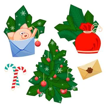 A pig with develop, bag, fir branches, Christmas tree, Christmas ball Stock Illustration