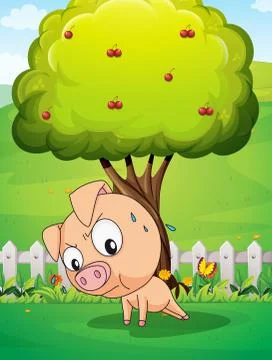 A pig exercising below the cherry tree Stock Illustration